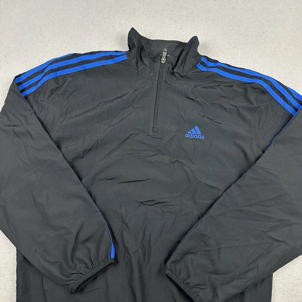 Adidas Jacket Men Small Black Blue Stripe 1/4 Zip Lightweight Windbreaker S